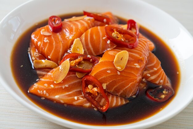 fresh salmon raw pickled in shoyu sauce or soy sauce