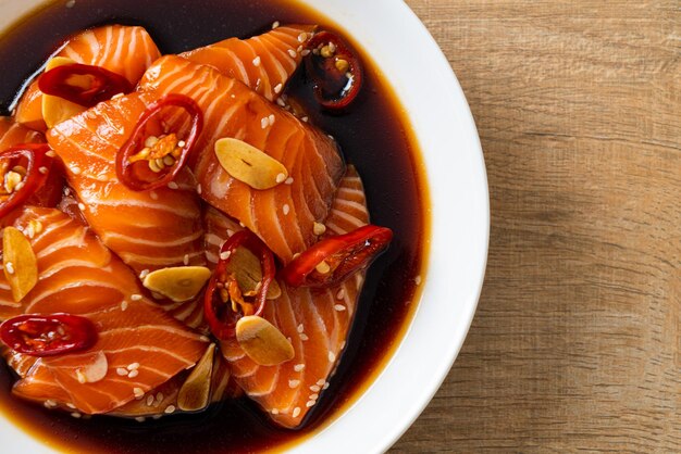 fresh salmon raw pickled in shoyu sauce or soy sauce