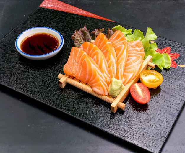 Fresh Salmon Raw Sashimi with soy sauce