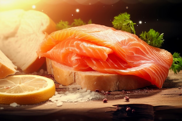 Fresh salmon sandwich closeup on a wooden board Appetizing snack