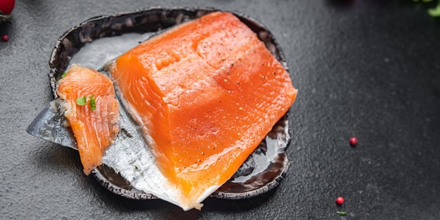 Fresh salmon slice slightly salted fish seafood dietary healthy meal food diet snack on the table