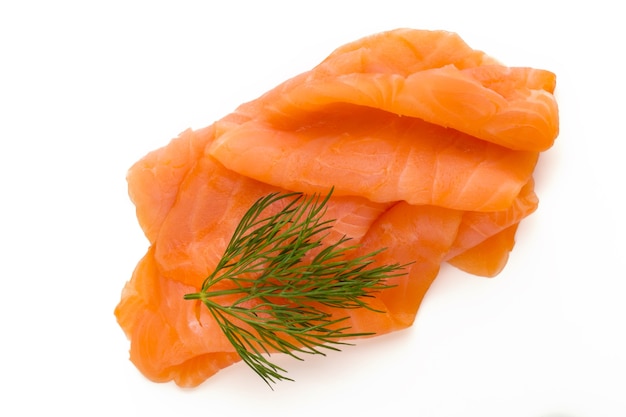 Fresh salmon slice and spice on the white background.