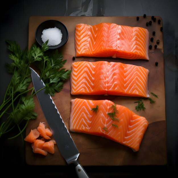 Fresh salmon slices on the dark background