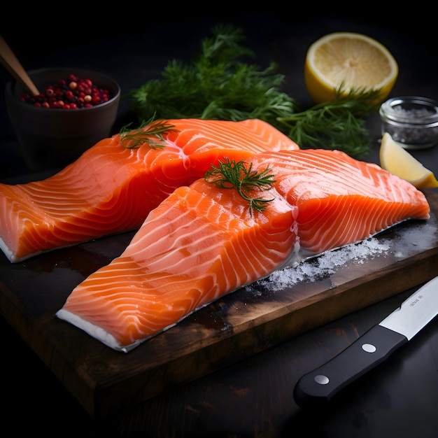 Fresh salmon slices on the dark background