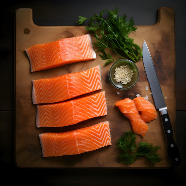 Fresh salmon slices on the dark background