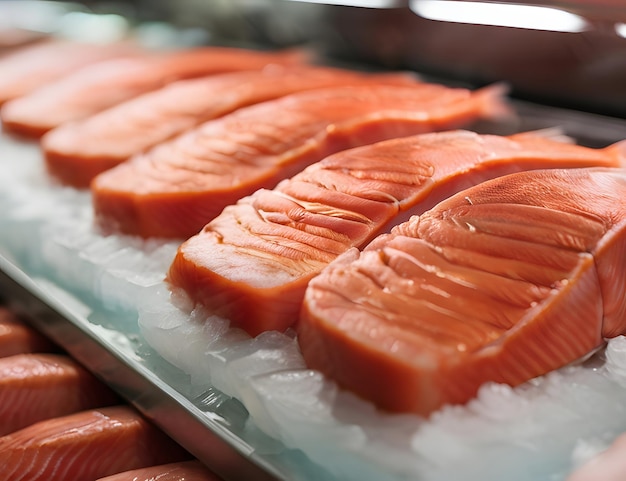 Fresh salmon steaks on ice showcasing seafoods natural color and texture