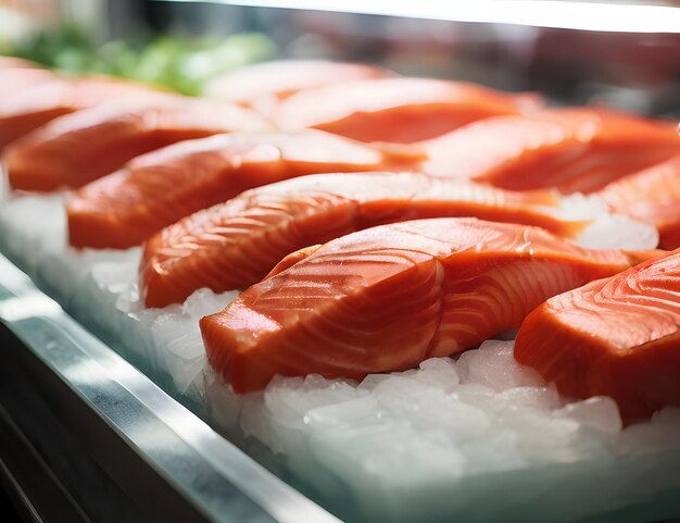 Fresh salmon steaks on ice showcasing seafoods natural color and texture