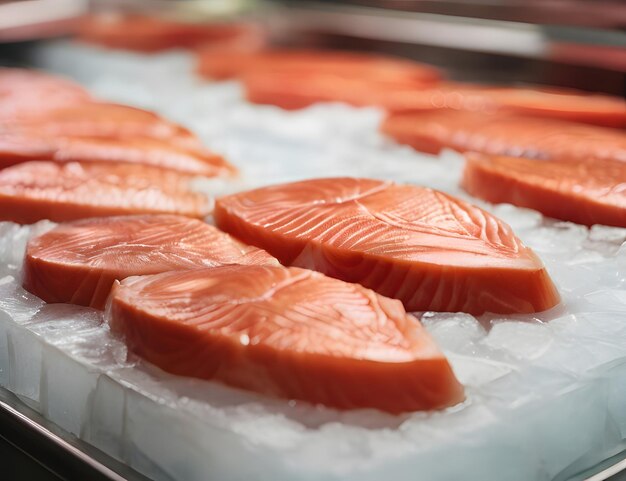 Fresh salmon steaks on ice showcasing seafoods natural color and texture