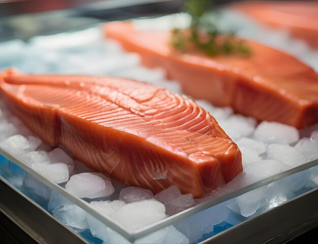 Fresh salmon steaks on ice showcasing seafoods natural color and texture