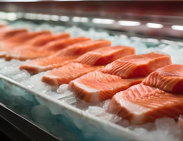 Fresh salmon steaks on ice showcasing seafoods natural color and texture