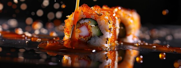 Photo fresh salmon sushi roll falling on a side dish with soy sauce on a dark background