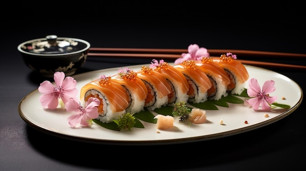 Foto rotoli di sushi di salmone fresco con caviale su sfondo nero