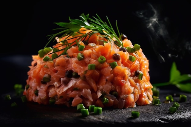 Fresh salmon tartare garnished with cream sauce and green onions on a black board Generative AI