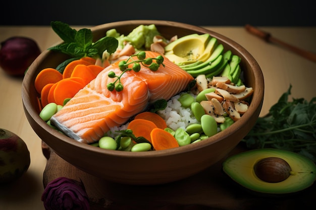 Fresh salmon and vegetables avocado and tomato salad for healthy eating Ai generative