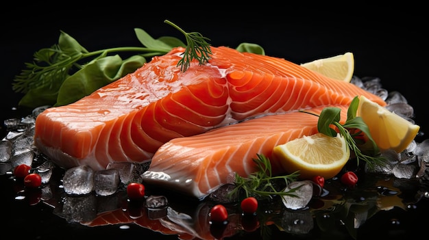 Fresh salmon with lemon slices on wooden table black and blur background