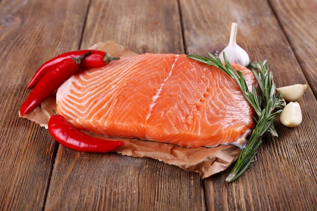 Fresh salmon with spices on wooden table