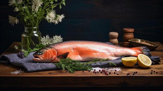 Fresh salmon on wooden table