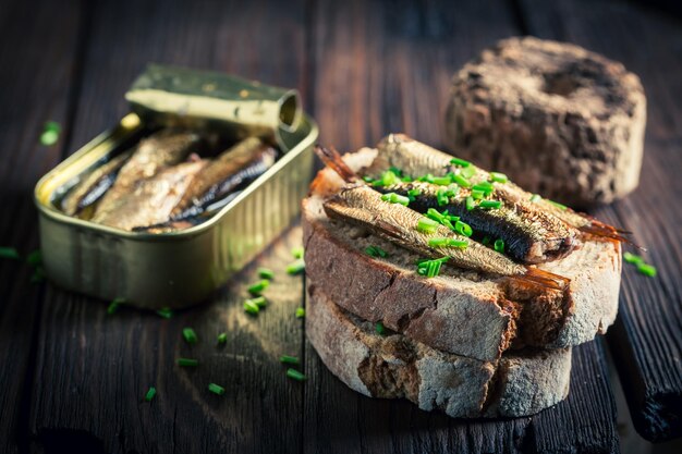 Fresh sandwich wirh sardines with and chive