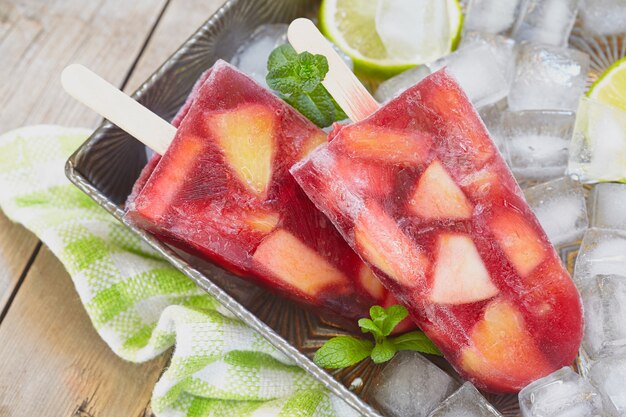 Fresh sangria popsicles with apples, orange and peaches