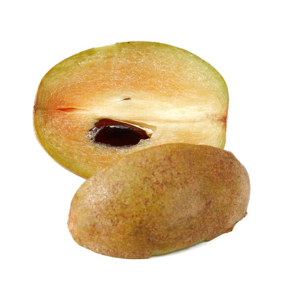 Fresh sapodilla plum with cut on white