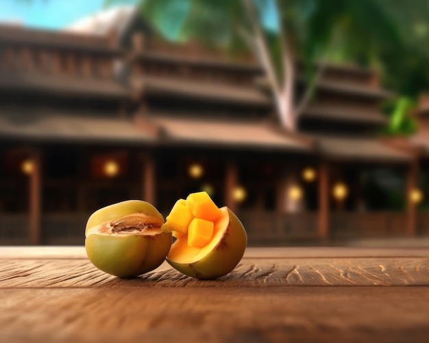 スタジオの背景のレストランと庭の背景に飛んでいる新鮮なサポタ フルーツ