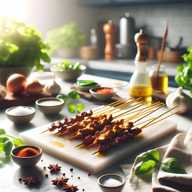 Fresh Satay Skewers on Marble Counter with Herbs