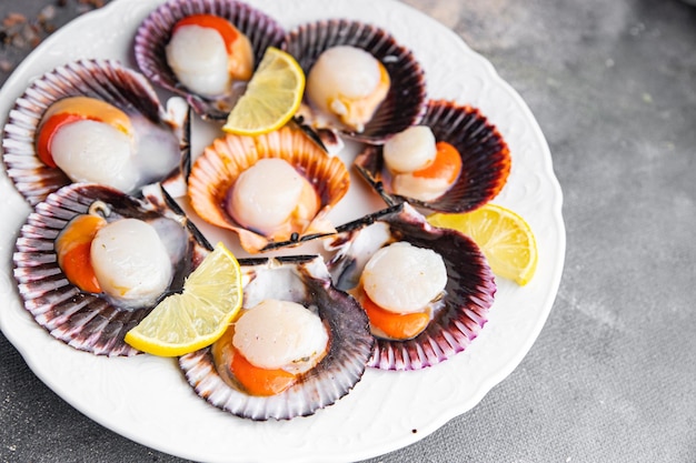 新鮮なホタテ貝殻シーフード食事スナック テーブル コピー スペース食品背景素朴なトップ ビュー