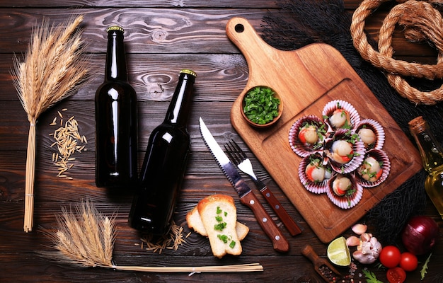 Fresh scallops with beer vegetables and spices