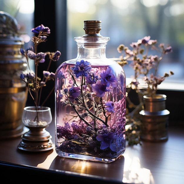 Фото Свежий аромат фиолетового цветка в стеклянной бутылке