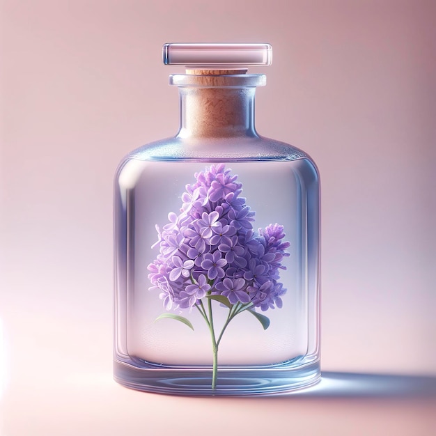 Fresh scent of purple flower in glass bottle