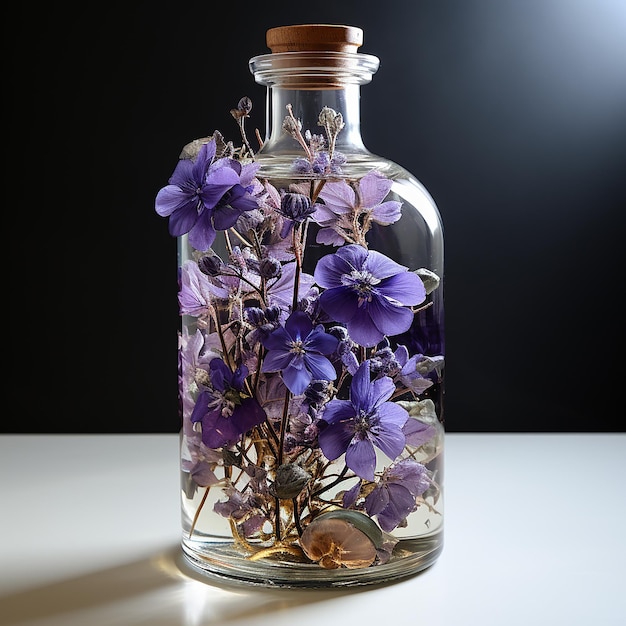 Fresh scent of purple flower in glass bottle