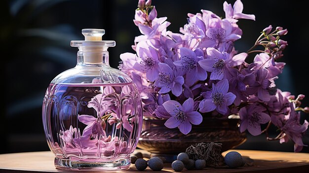 Photo fresh scent of purple flower in glass bottle