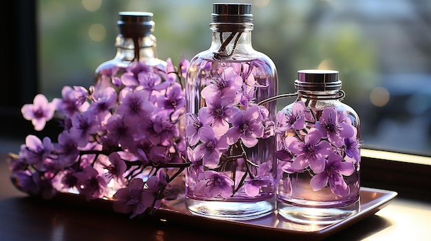 Fresh scent of purple flower in glass bottle