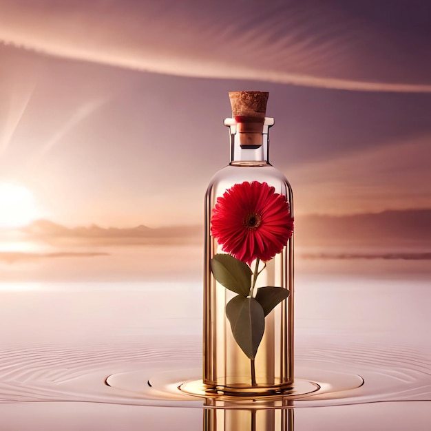 Fresh scent of red and white flower in glass bottle