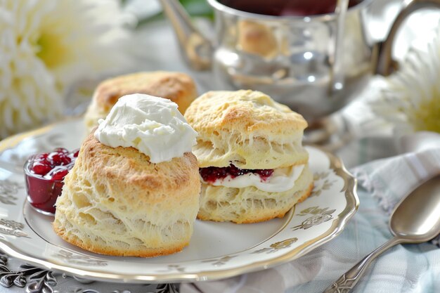 Fresh scones with clotted cream and jam on a plate at a tea setting