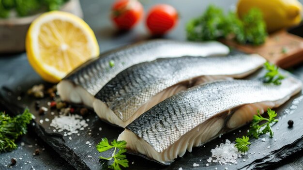 Fresh Sea Bass Fillets with Lemon and Herbs on Slate