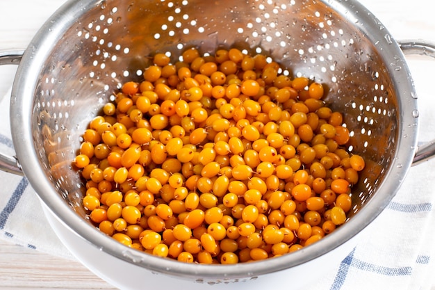 Fresh sea buckthorn in a colander. harvesting sea buckthorn for the winter. frozen sea buckthorn