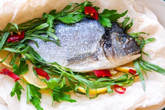 Gabbiano di mare fresco con peperoncino piccante al limone e verdure di aneto dragoncello e prezzemolo