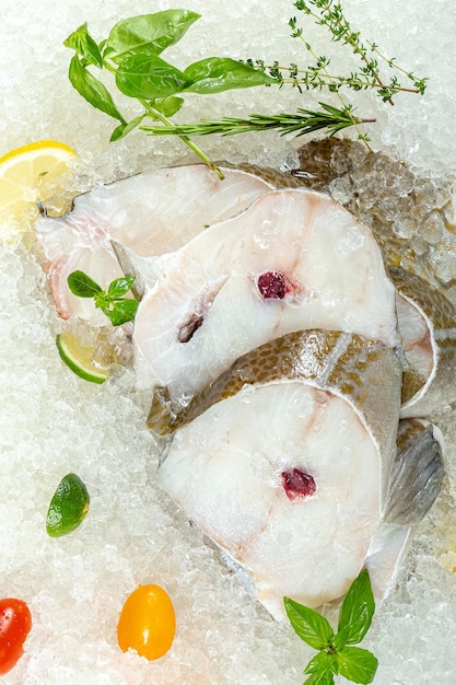 fresh sea ocean white fish sliced in pieces, lying on ice, headless, cherry, sliced lemon and lime