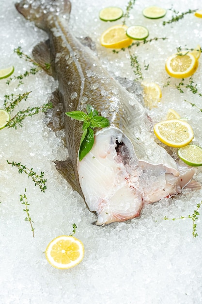 fresh sea ocean white whole fish, lies on ice, without a head, cherry, slices of lemon and lime are