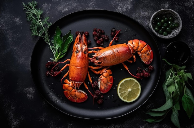 Fresh Seafood and Citrus on Dark Background with Lobster and Spices