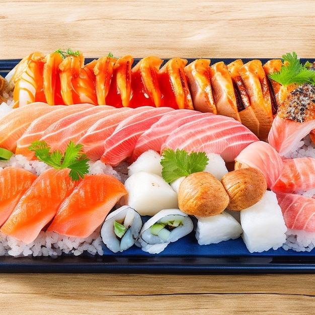 Photo fresh seafood collection sushi plate with variety