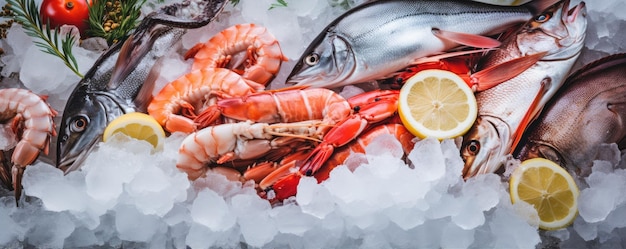 Fresh seafood on ice at the fish market close up Generative ai