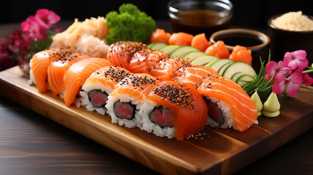 Fresh seafood meal Maki sushi sashimi nigiri and California roll