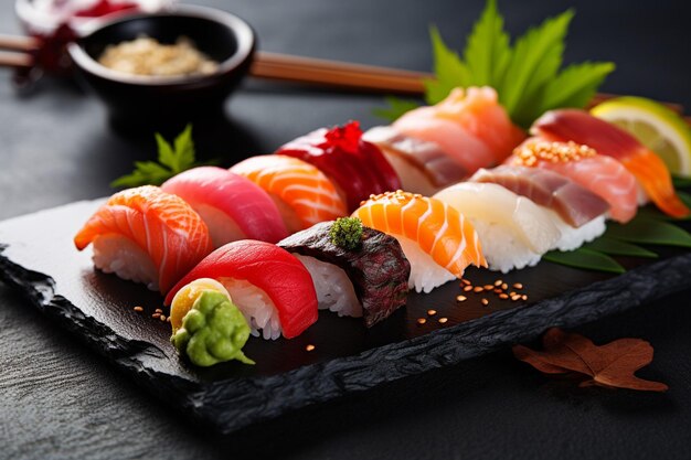 Fresh seafood meal rolled up sushi healthy eating japanese culture