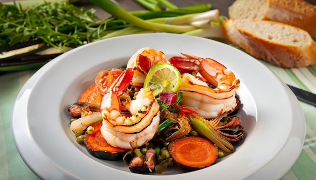 Fresh seafood meal with prawns and vegetables