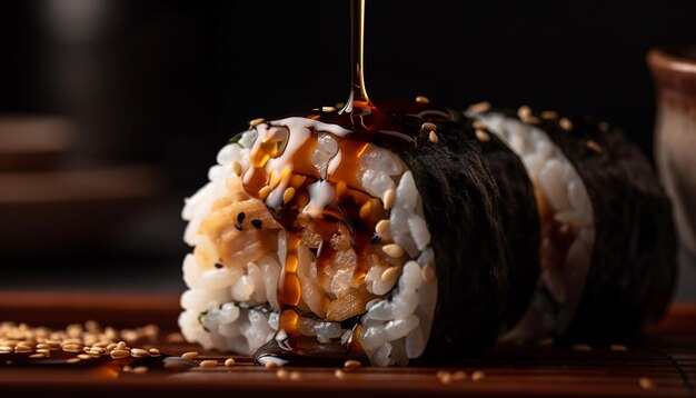 Fresh seafood meal on wood plate healthy sushi generated by ai