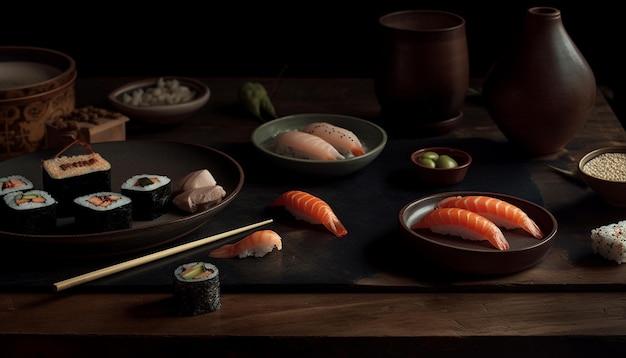 Fresh seafood meal on wooden plate with chopsticks generated by AI