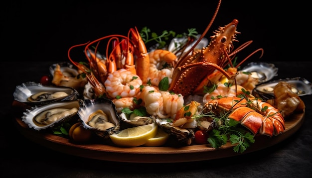 Fresh seafood plate with prawn scallop and mussel appetizer generated by artificial intelligence