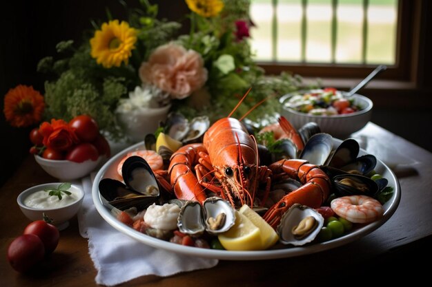 Fresh Seafood Platter on Dark Wood Table